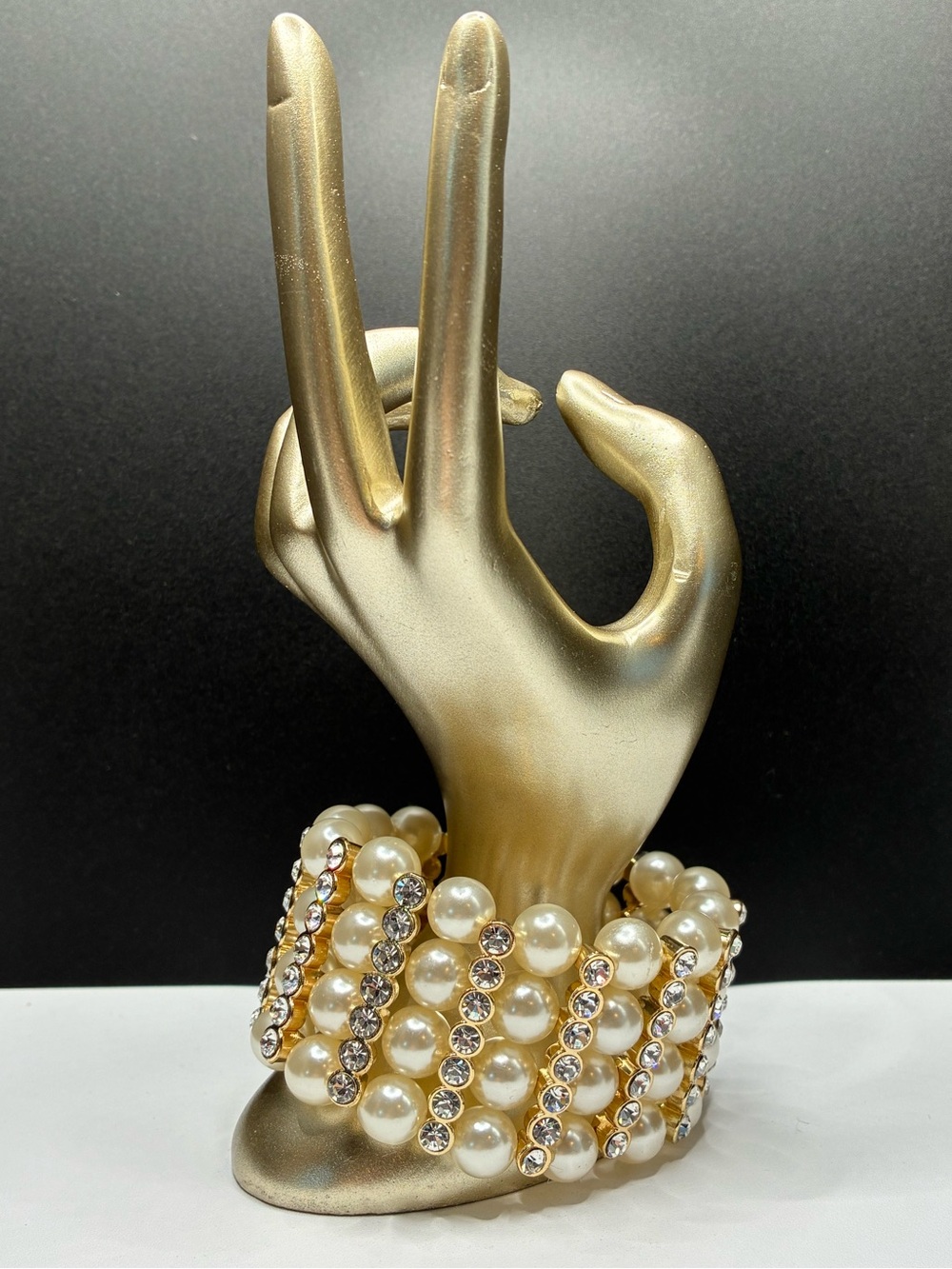 Stunning Cuff Style Pearl & Crystal Gold Stretch Bracelet - Women Accessorie